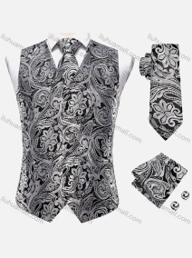 Wholesale Men's Formal Floral Silky Waistcoat With Necktie & Kerchief & Cufflinks 4-piece Set, LIUHUA CLOTHING WHOLESALE
