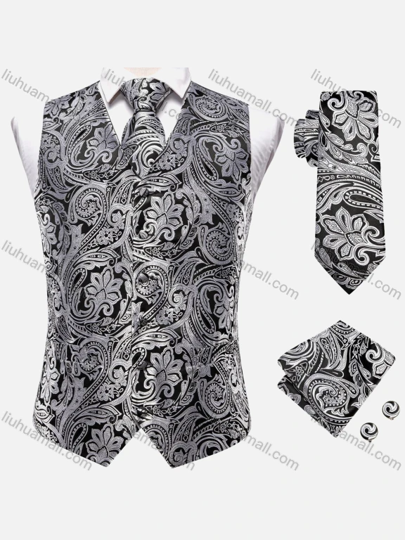 Wholesale Men's Formal Floral Silky Waistcoat With Necktie & Kerchief & Cufflinks 4-piece Set