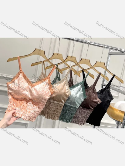 Wholesale Women's Casual Plain Spaghetti Strap Shirred Velvet Built-in Bra Lingerie F34#