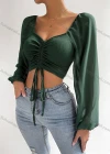 Wholesale Woman's Fashion Square Neck Peasant Sleeve Drawstring Plain Crop Top - Liuhuamall