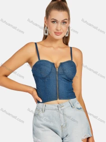 Wholesale Women's Sexy Plain Denim Zip Spaghetti Strap Crop Cami Top, LIUHUA CLOTHING WHOLESALE