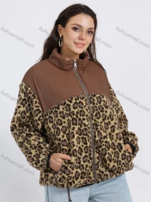 Wholesale Women's Drop Shoulder Splicing Stand Collar Zipper Leopard Teddy Coat, LIUHUA CLOTHING WHOLESALE