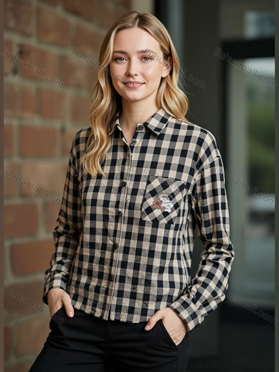 Wholesale Loose - Fit Plaid Shirt w/ Cartoon Patch, Black & Beige - Trendy Casual Style for Bulk Orders!