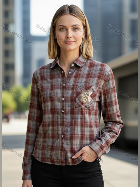 Wholesale Loose - Fit Plaid Shirt w/ Chest Pocket Cartoon Bear Patch, Red - Gray Trendy Casual For Bulk Orders!