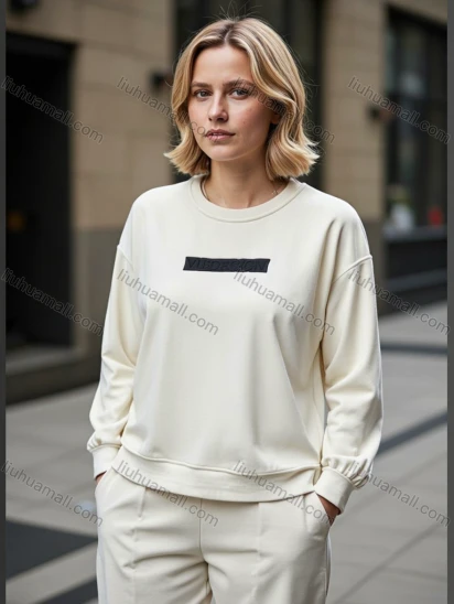 Wholesale Women's Loose-Fit Cream White Sweatshirt w/ Black Text Patch - Chic Casual for Bulk Orders!