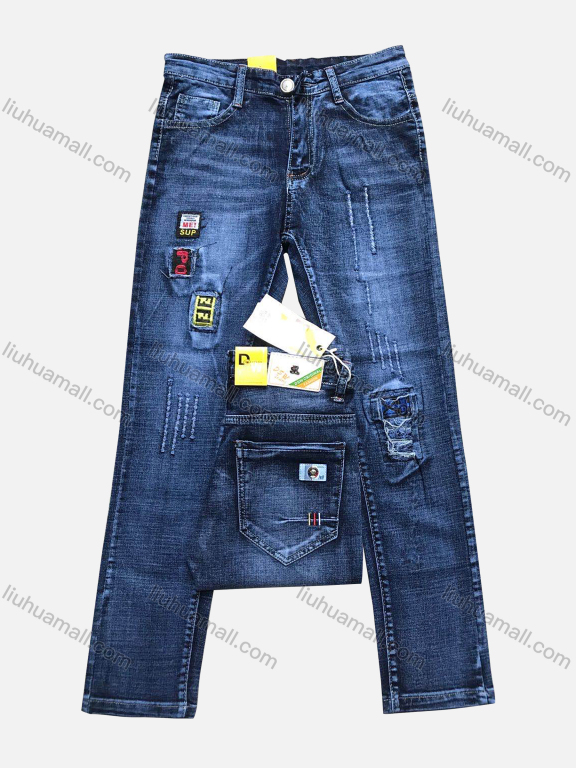 Wholesale Boys Button Pockets Frayed Patched Labelled Embroidered Letter Plain Casual Jean 201#