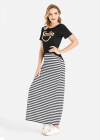 Wholesale Women's Summer Letter Graphic Tee&Striped Maxi Skirt Set - Liuhuamall