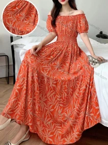 Wholesale Women's Casual Off Shoulder Puff Sleeve Peplum Shirred Leaf Maxi Dress 887-362#, LIUHUA CLOTHING WHOLESALE