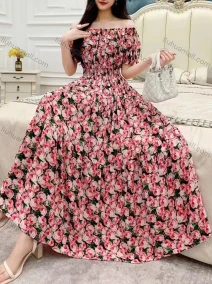 Wholesale Women's Casual Off Shoulder Puff Sleeve Peplum Shirred Floral Maxi Dress 887-357#, LIUHUA CLOTHING WHOLESALE