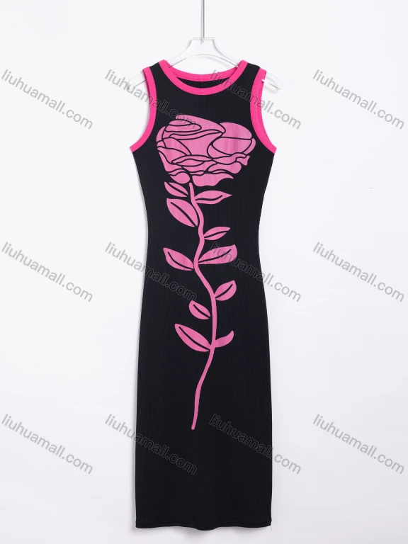Wholesale Women's Casual Ribbed Knit Rose Print Sleeveless Bodycon Midi Dress