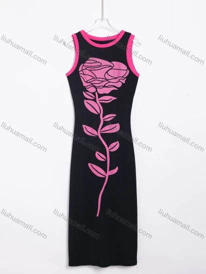Wholesale Women's Casual Ribbed Knit Rose Print Sleeveless Bodycon Midi Dress