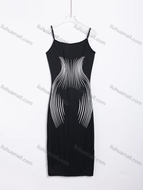 Wholesale Women's Casual Ribbed Knit Abstract Print Spaghetti Strap Bodycon Midi Dress