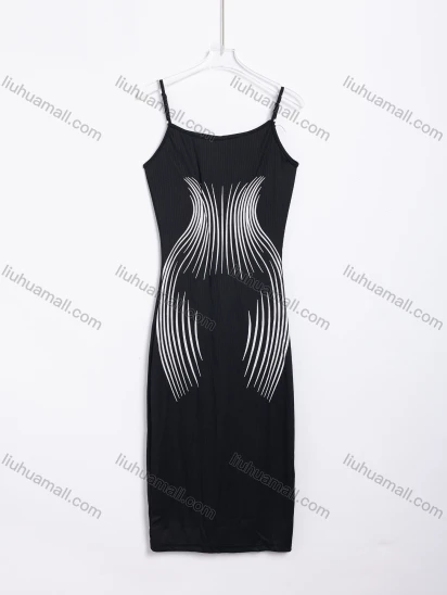 Wholesale Women's Casual Ribbed Knit Abstract Print Spaghetti Strap Bodycon Midi Dress