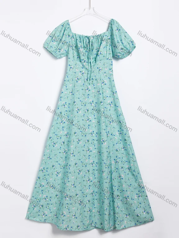 Wholesale Women's Summer Floral Print Off Shoulder Ruffle Sleeve Tie Front Maxi Dress