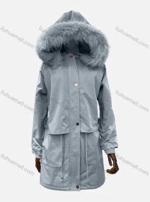 Wholesale Women's Hooded Fuzzy Faux Fur Collar Zipper Buttons Layered Drawstring Belted Pockets Mid Length Coat, LIUHUA CLOTHING WHOLESALE