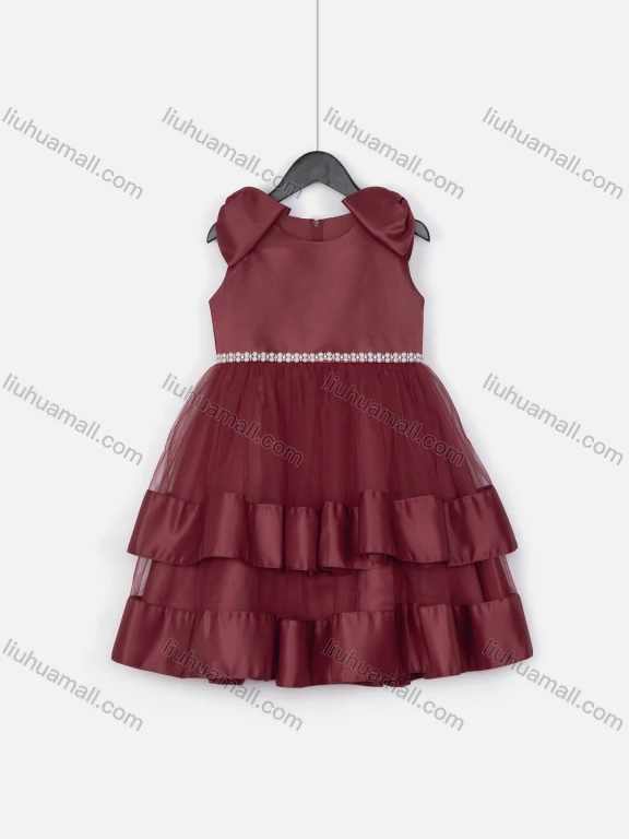 Wholesale Girls Cute Sleeveless Shoulder Back Bow Knot Pearl Trim Layered Flower Dress