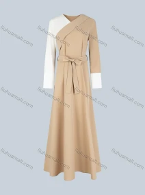 Wholesale Women's Casual Wrap V Neck Tie Front Coloblock Long Sleeve Maxi Dress With Belt, LIUHUA CLOTHING WHOLESALE
