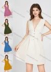 Wholesale Women's Deep V Neck Plain High Waist Sleeveless Flared Hem Short Dress 9167# - Liuhuamall