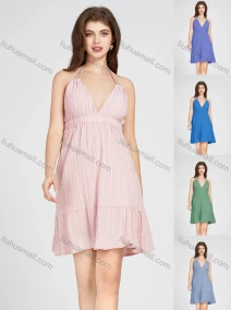 Wholesale Women's Deep V Neck Spaghetti Strap Plain High Waist Sleeveless Short Halter Dress 10383#, LIUHUA CLOTHING WHOLESALE