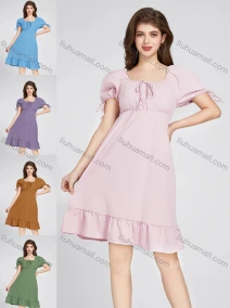 Wholesale Women's Square Neck High Waist Plain Puff Sleeve Short Dress 10372#, LIUHUA CLOTHING WHOLESALE