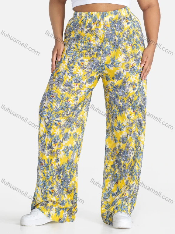 Wholesale Women's Casual Loose Fit Ruched High Waist Floral Extra-long legs Pants