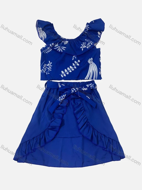 Wholesale Girl's Casual Allover Print Ruffle Trim Tops & Bow Tie Ruffle Trim Short Skirts 2 Piece Set