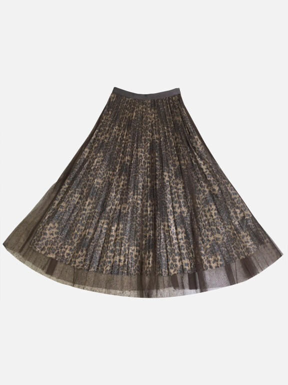 Women's Summer Leopard Mesh Pleated Maxi Skirt, Clothing Wholesale Market -LIUHUA, Skirts