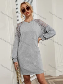 Wholesale Women's Casual Lace Embroidery Long Sleeve Hollow Shoulder Plain Dress X2583X#, LIUHUA CLOTHING WHOLESALE