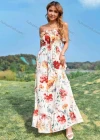 Wholesale Women's Casual Floral Print Strapless Lace Up Shirred Ruffle Trim Maxi Dress - Liuhuamall