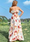 Wholesale Women's Casual Floral Print Strapless Lace Up Shirred Ruffle Trim Maxi Dress - Liuhuamall