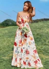 Wholesale Women's Casual Floral Print Strapless Lace Up Shirred Ruffle Trim Maxi Dress - Liuhuamall