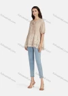 Wholesale Women's Casual Tie Neck Short Sleeve Ruched Eyelet Embroidered Blouse 66017# - Liuhuamall