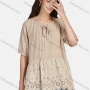 Wholesale Women's Casual Tie Neck Short Sleeve Ruched Eyelet Embroidered Blouse 66017# preview