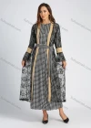 Wholesale Women's Elegant Bell Sleeve Lace Splicing Allover Houndstooth Print Button Down Maxi Dress With Belt - Liuhuamall