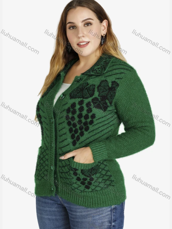 Wholesale Women's Collared Button Front Dual Pockets Floral Knitted Coat