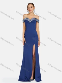 Wholesale Women's Elegant Off Shoulder Rhinestone Split Thigh Evening Dress 91681#, LIUHUA CLOTHING WHOLESALE