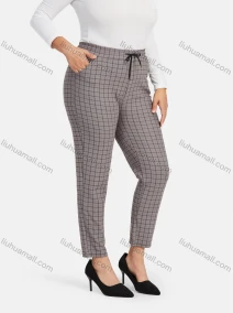Wholesale Women's Casual Plus Size High Elastic Plaid Print Stright Leg Pants With Drawstring 33029#, LIUHUA CLOTHING WHOLESALE