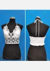 Wholesale Women's Sexy Halter Hollow Out Lace Trim Tie Back Shirred Crop Tops - Liuhuamall
