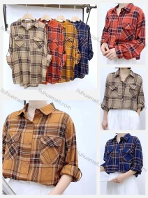 Wholesale Women's Collared Loose Fit Plaid Print Flap Pockets Long Sleeve Shirt 20121#, LIUHUA CLOTHING WHOLESALE