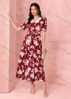 Wholesale Women's Casual Floral Print Short Sleeve Midi Dress With Belt - Liuhuamall