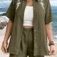 Wholesale Women's Casual Button Up Shirt Set Relaxed Fit with Floral Embroidery and Matching Shorts 9# Clothing Wholesale Market Liuhua