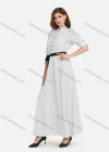 Wholesale Women's Casual Pin Dot Stand Collar Button Front Buckle Strap Cuff Long Sleeve Maxi Dress With Belt - Liuhuamall