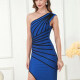 Women's Casual One Shoulder Striped Split Thign Midi Dress Blue Clothing Wholesale Market -LIUHUA