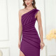 Women's Casual One Shoulder Striped Split Thign Midi Dress T2166# Clothing Wholesale Market -LIUHUA