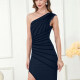 Women's Casual One Shoulder Striped Split Thign Midi Dress T2646# Clothing Wholesale Market -LIUHUA