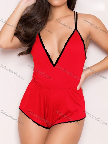 Wholesale Women's Sexy Spaghetti Strap Plain Pajamas Bodysuit 1297#