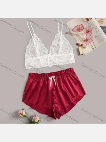 Wholesale Women's Sexy Sheer Lace Crop Cami Top & Drawstring Shorts 2 Piece Pajamas Sets 1340#, LIUHUA CLOTHING WHOLESALE