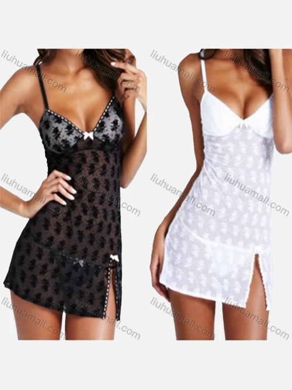Wholesale Women's Sexy See Through Lace Split Thigh Applique Bow Knot Cami Lingerie 8002#
