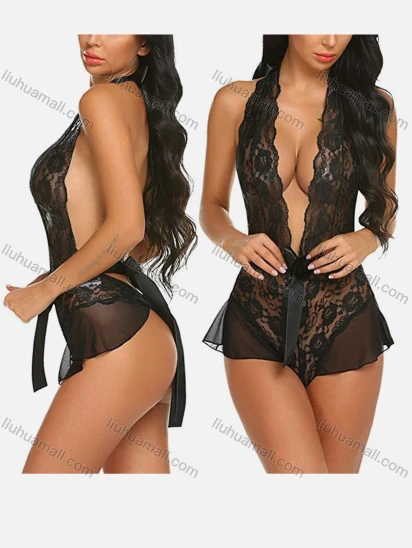 Wholesale Women's Sexy See Through Deep V Lace Tie One Piece Lingerie Bodysuit 1399#