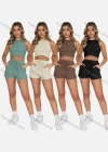 Wholesale Women's Casual Plain Round Neck Crop Tank Top & Drawstring Pockets Short 2 Piece Set 211071# - Liuhuamall